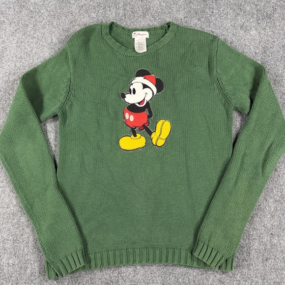 Disney Sweaters - Vintage Disney Mickey Sweater Medium Green Knit 90s Christmas Santa Hat